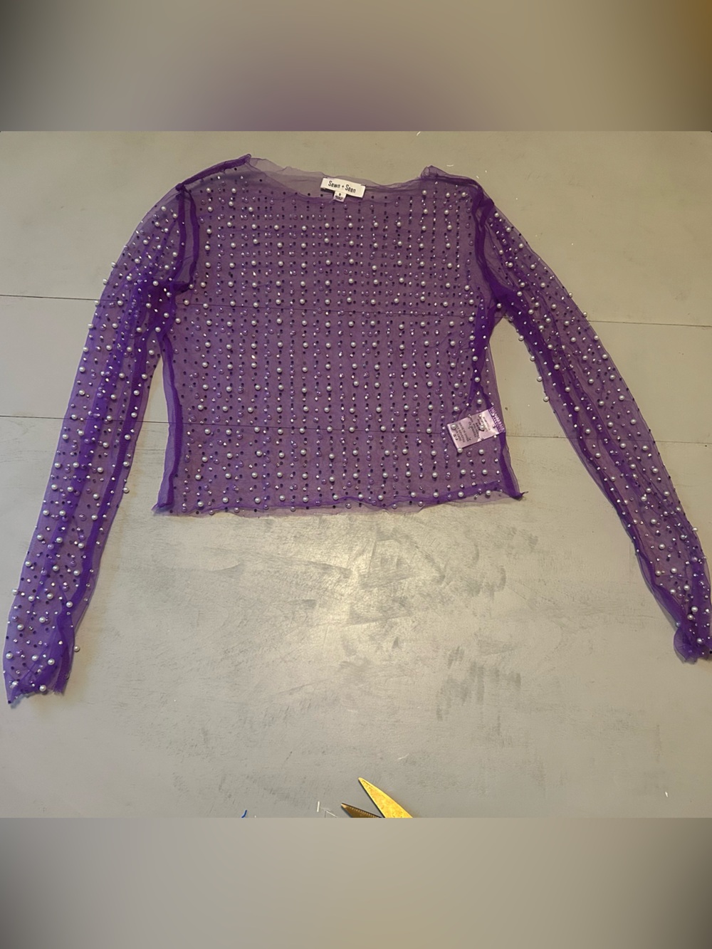 Sheer Purple Embellished Long-Sleeve Top